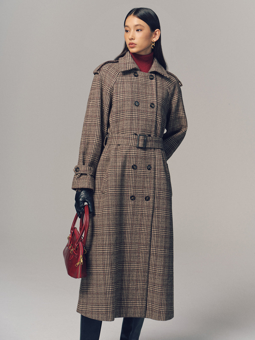 Trench-coat long croisé à ceinture en motif écossais