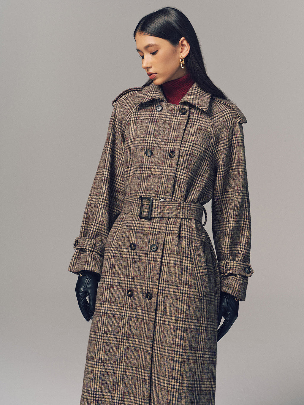 Trench-coat long croisé à ceinture en motif écossais