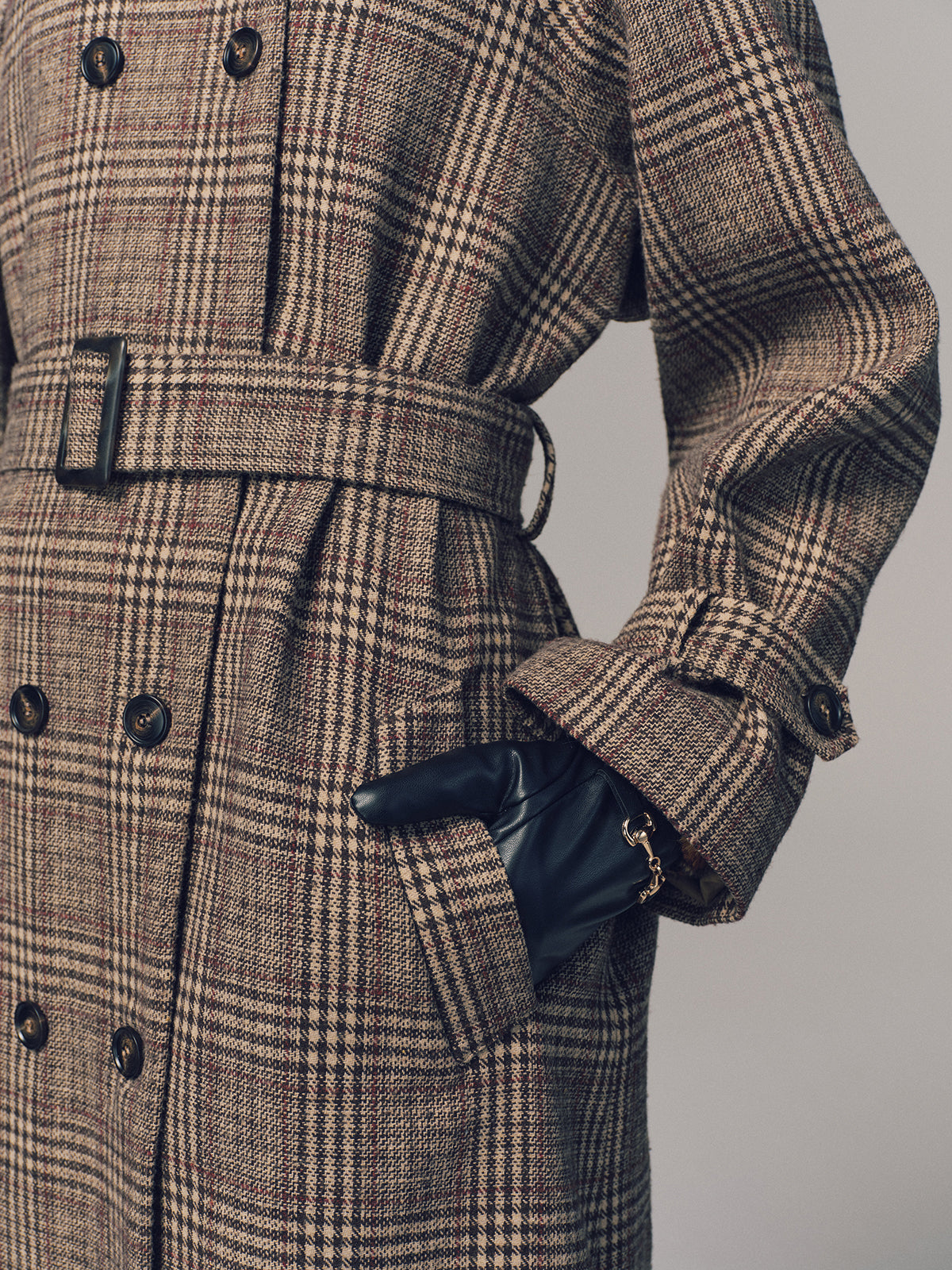 Trench-coat long croisé à ceinture en motif écossais