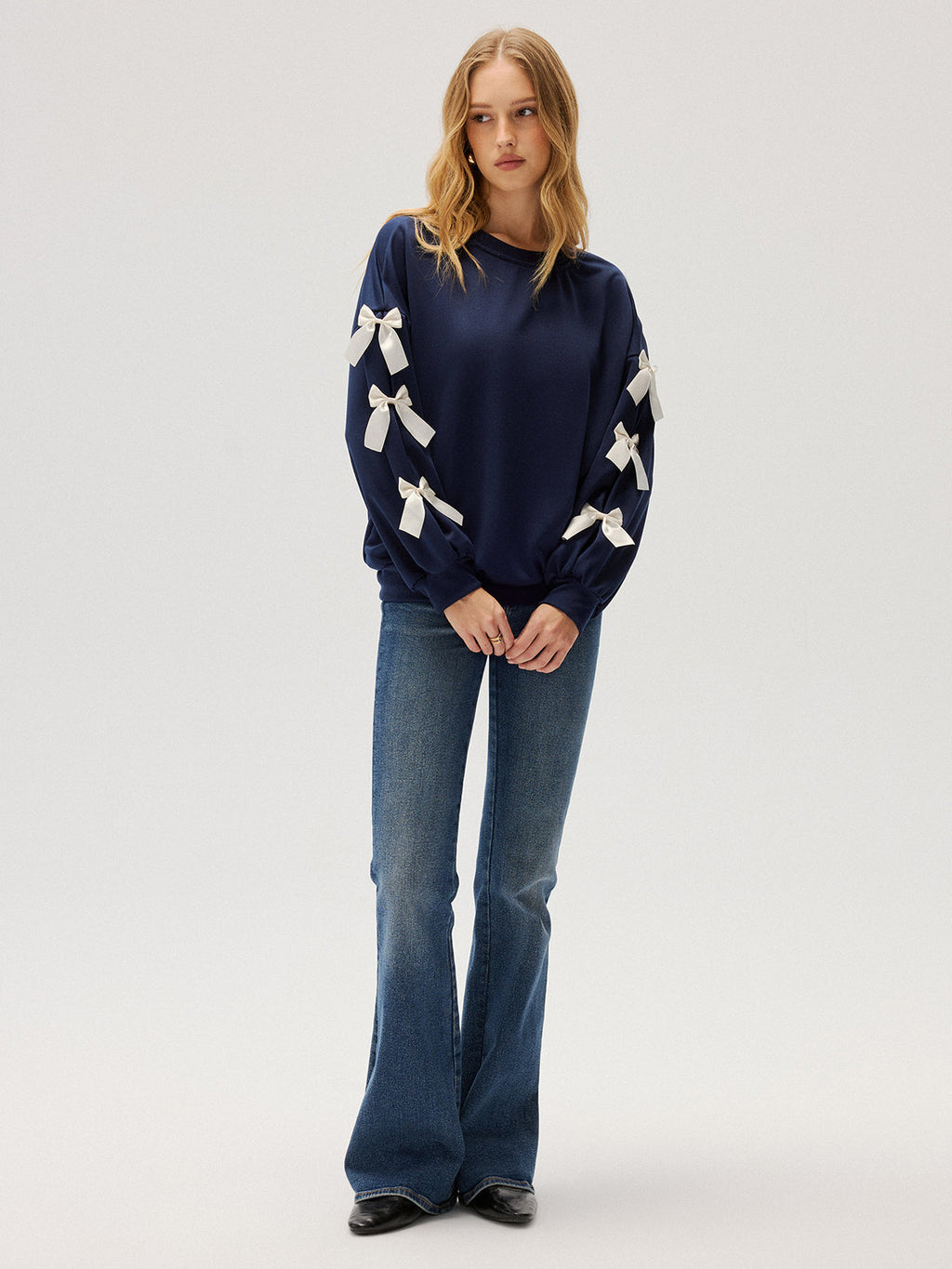 Crew Neck Bow Accent Sweatshirt