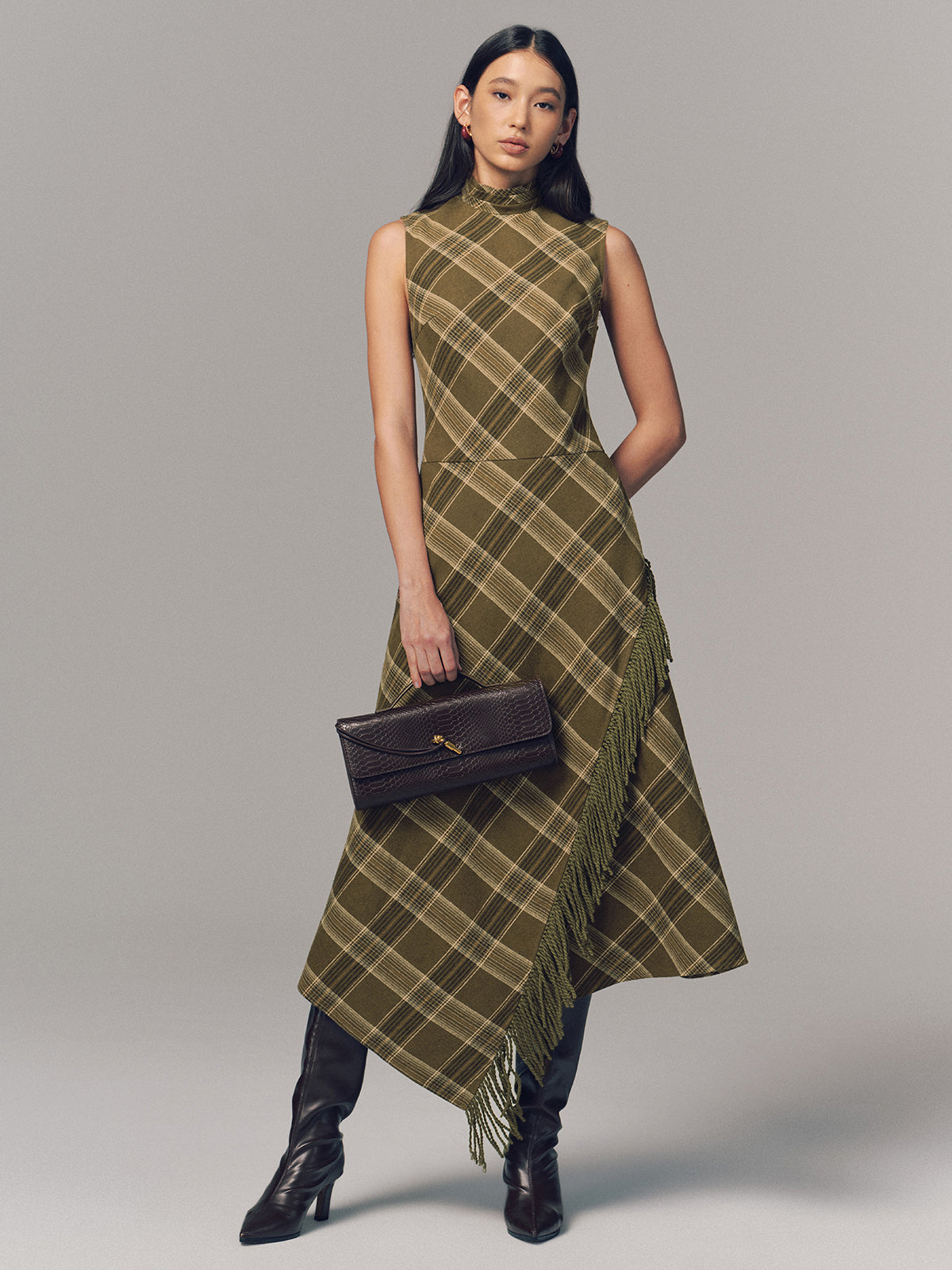 Ärmelloses Baumwoll-Maxikleid mit Karomuster und Fransen