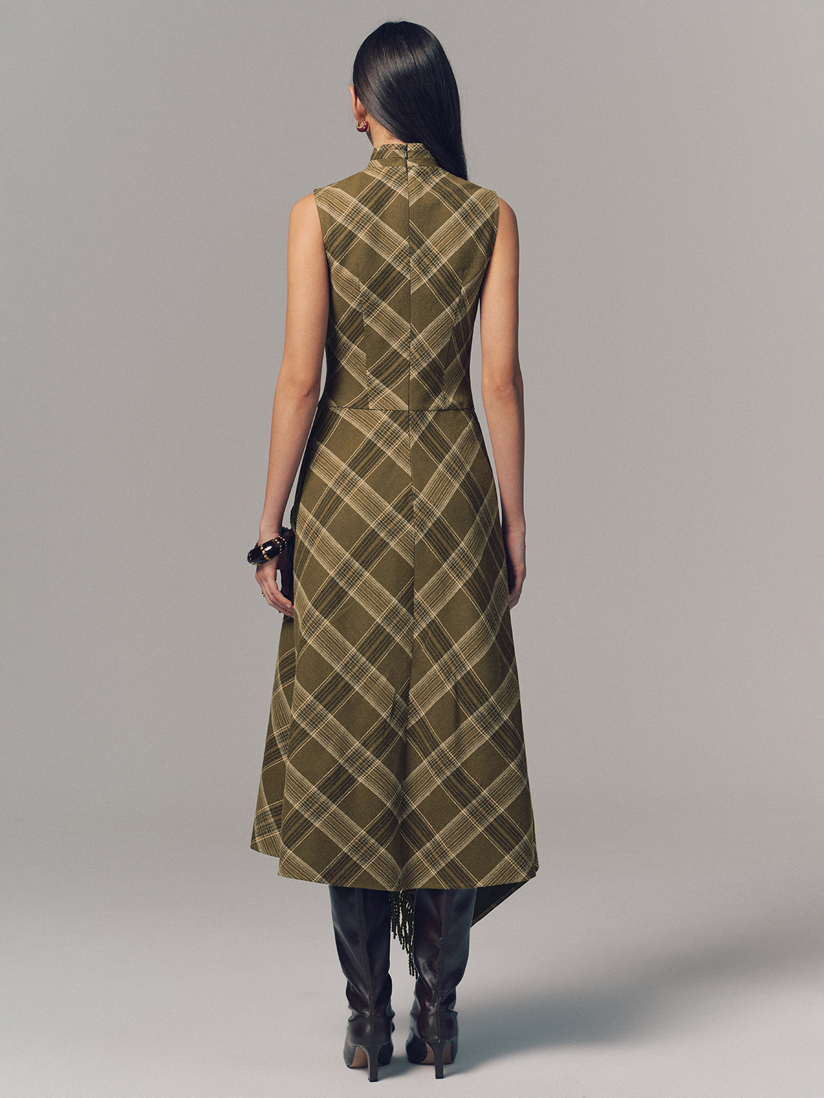 Ärmelloses Baumwoll-Maxikleid mit Karomuster und Fransen