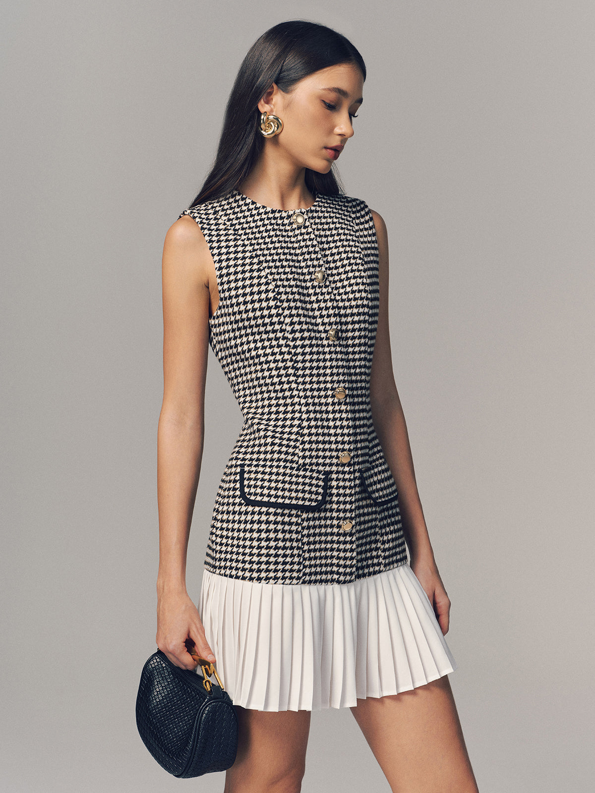 Mini-robe sans manches plissée à motif pied-de-poule