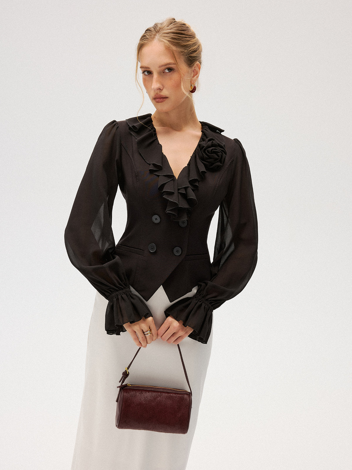 Chiffon-Rüschenrosen-Zweireiher-Bluse