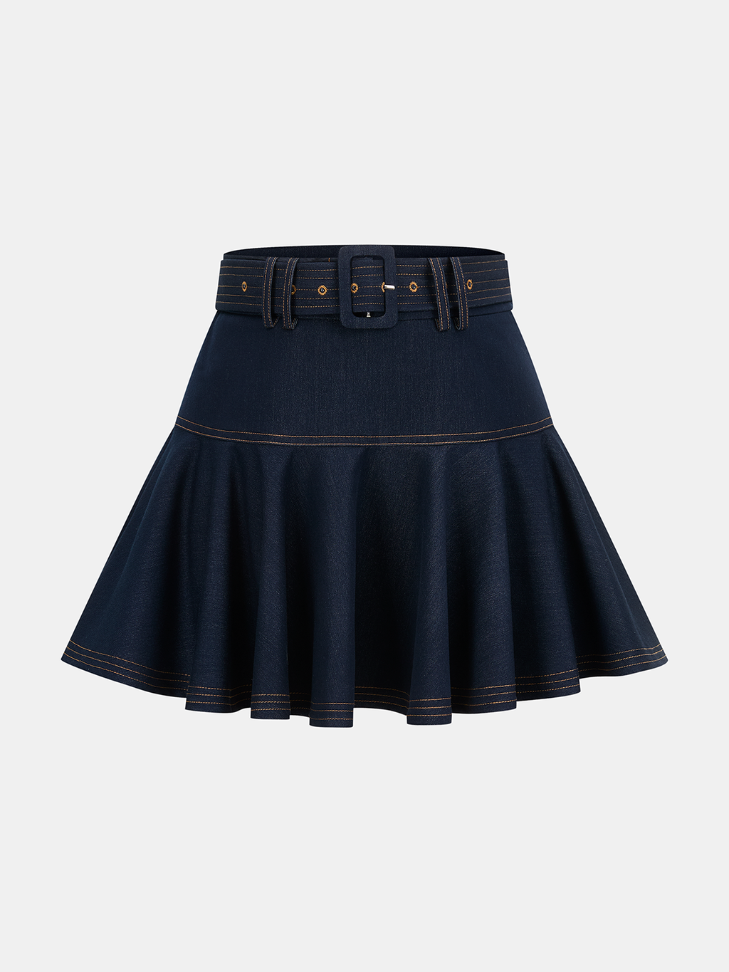 Mini-jupe trapèze en jean ceinturée