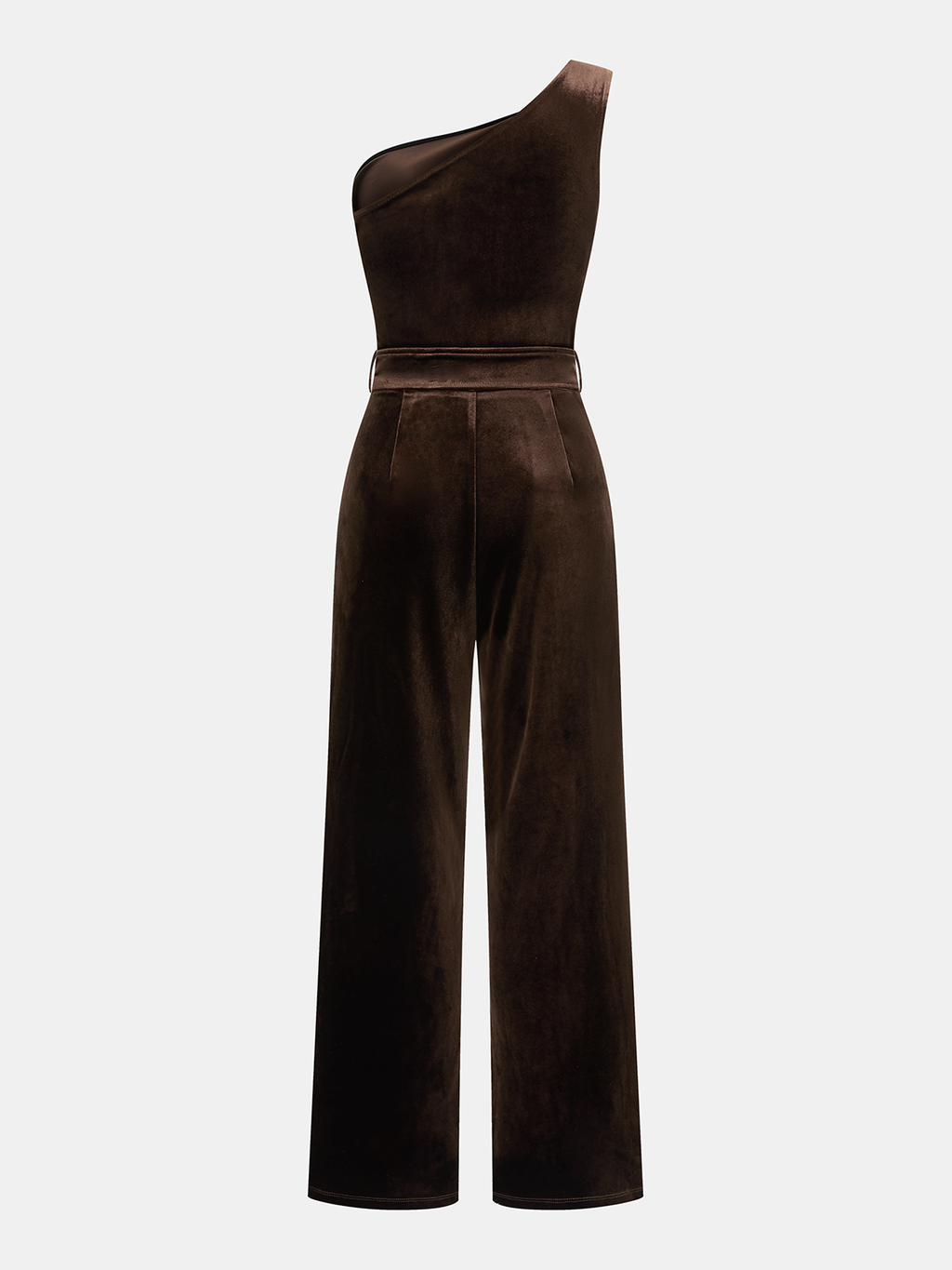 One-Shoulder Belted Velvet Metal Detail Jumpsuit