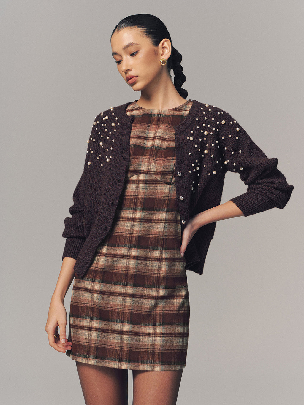 Mini-robe ajustée sans manches à carreaux