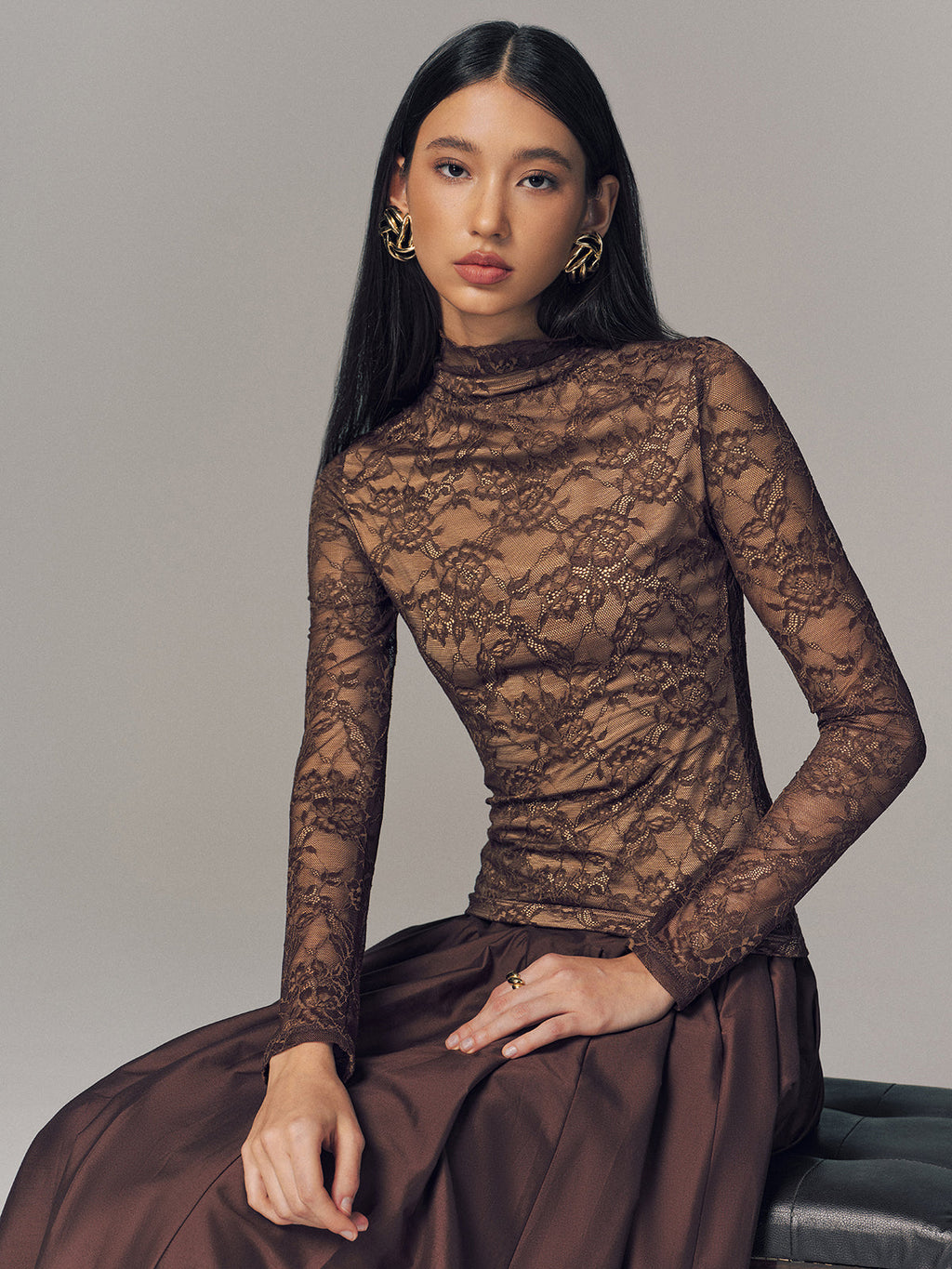 Spitzen-Mock-Neck-Langarm-Oberteil