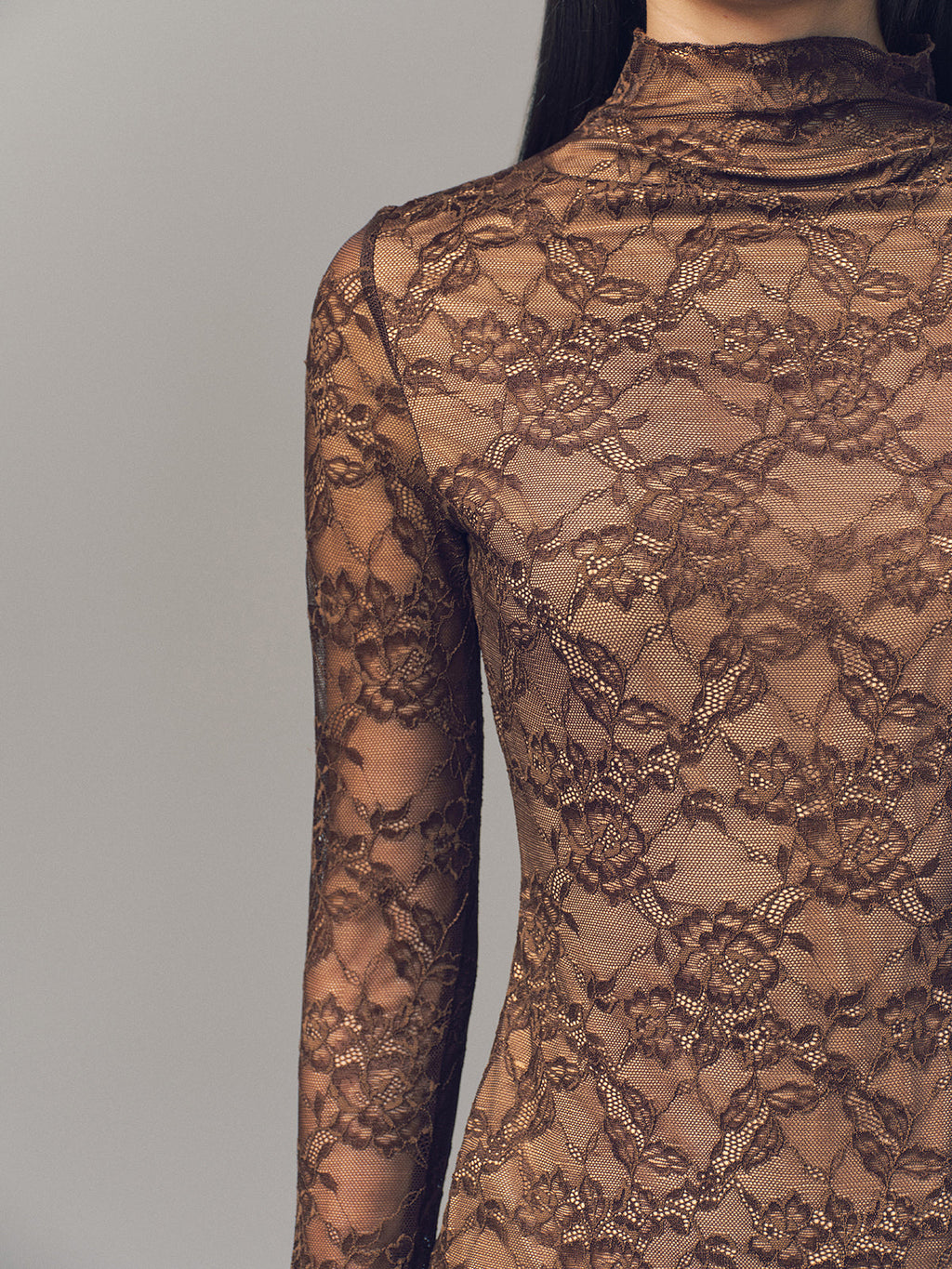 Spitzen-Mock-Neck-Langarm-Oberteil