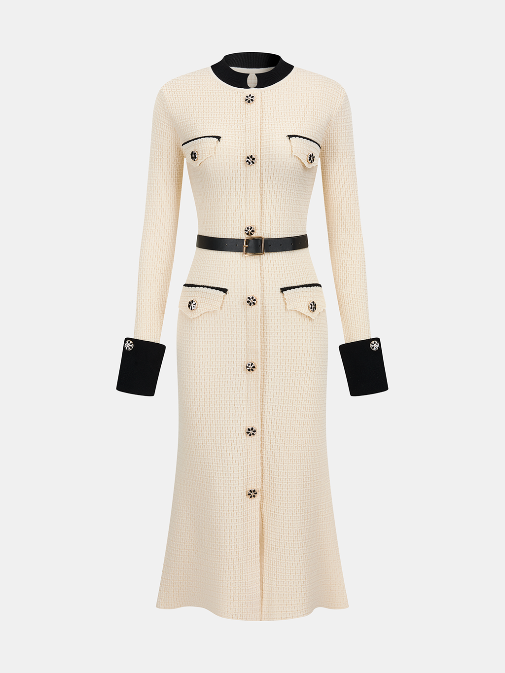 Robe midi boutonnée à ceinture et liserés contrastants