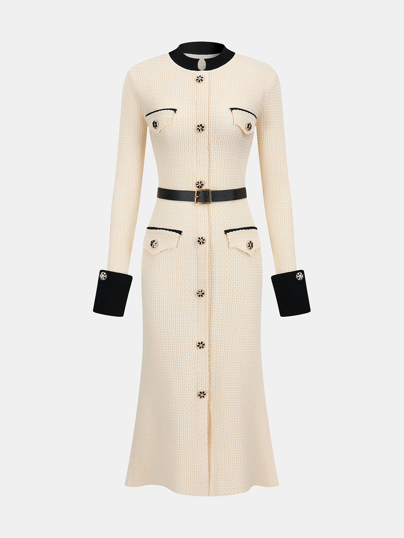 Contrast-Trim Button-Front Midi Dress with Belt