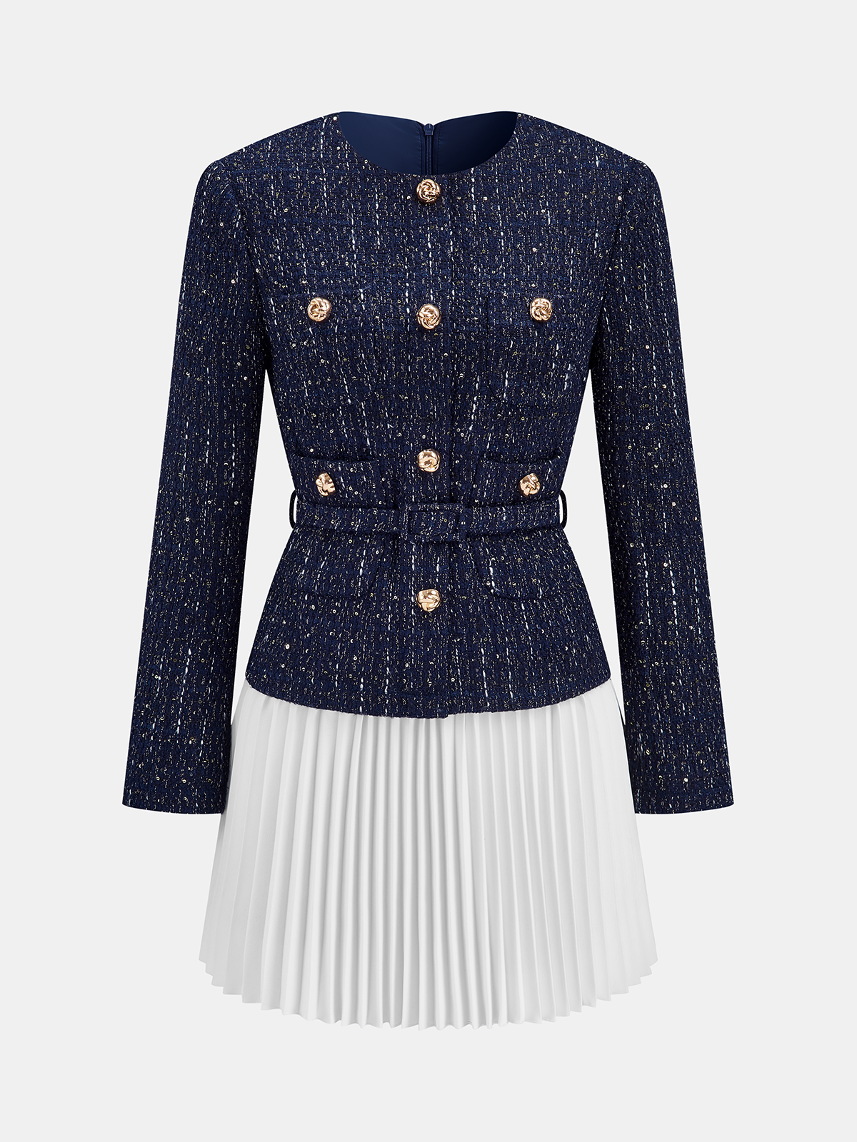 Mini-robe ceinturée en tweed avec panneau à ourlet plissé