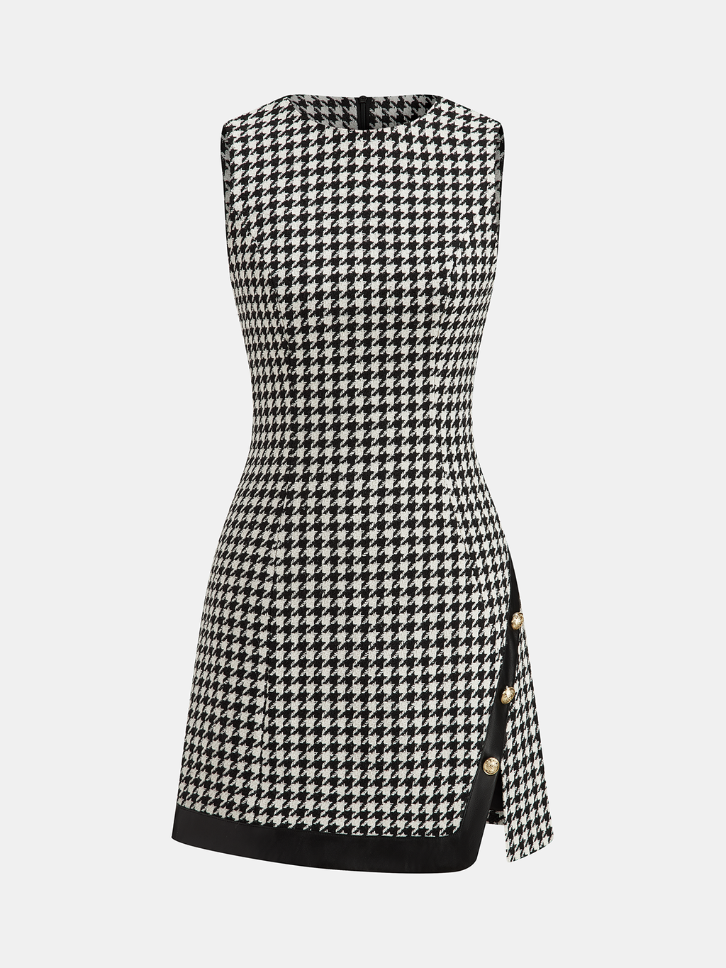 Ärmelloses Hahnentrittkleid mit Kunstlederbesatz