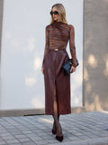 Woven-Texture Faux Leather Slit Maxi Skirt