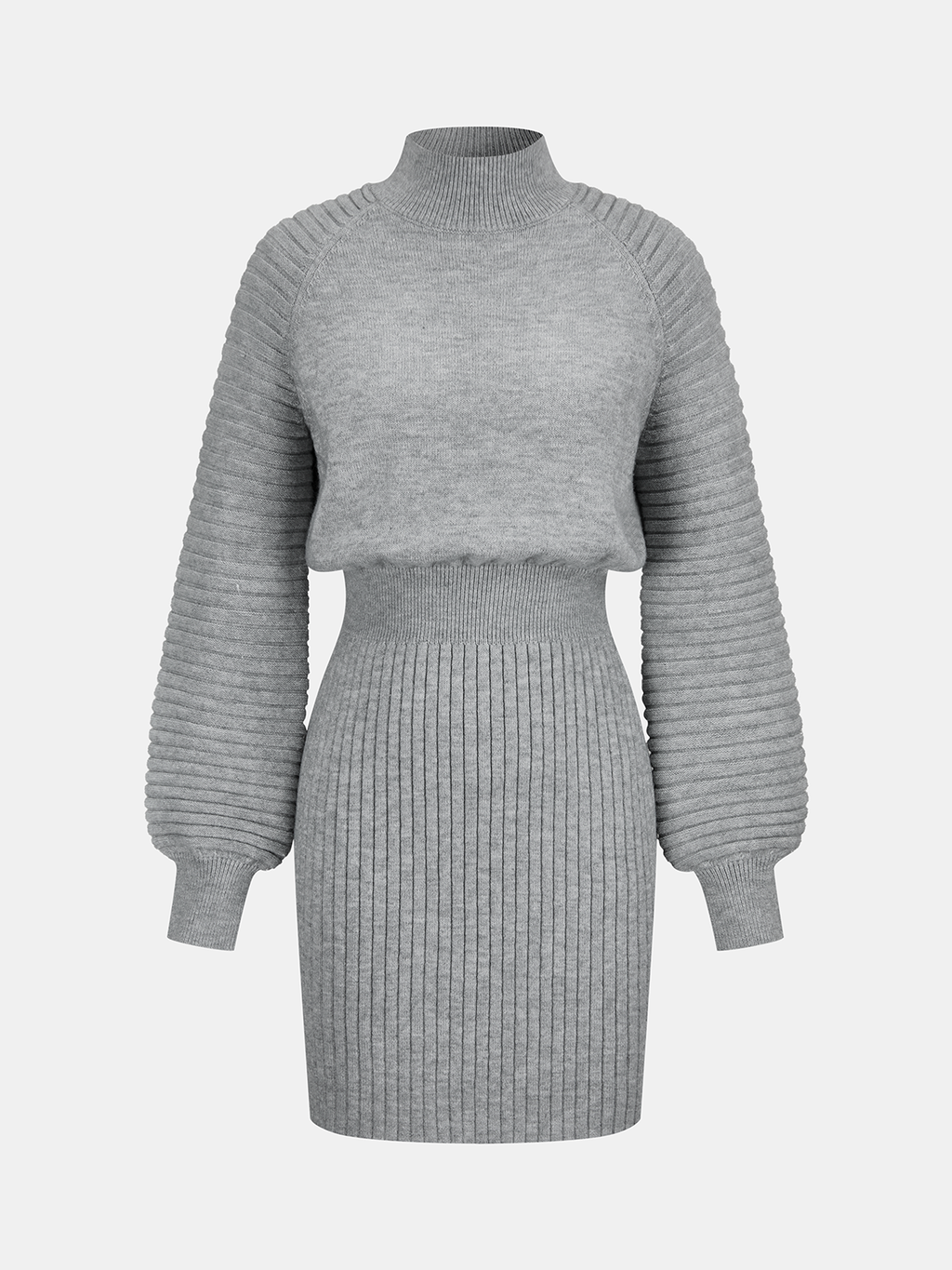 Geripptes Strickkleid mit Stehkragen und geraffter Taille