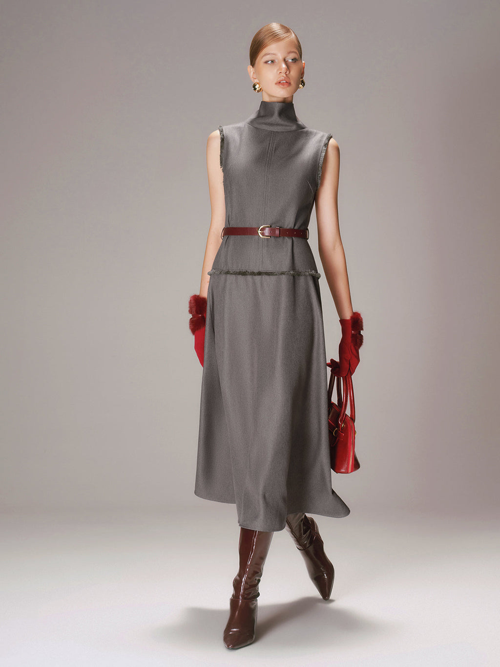 Belted Turtleneck Sleeveless Maxi Dress