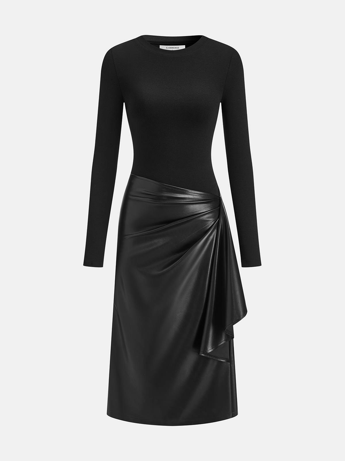 Robe longue asymétrique en maille et similicuir