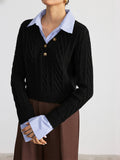2 in 1 Striped Shirt Panel Cable Knit Top