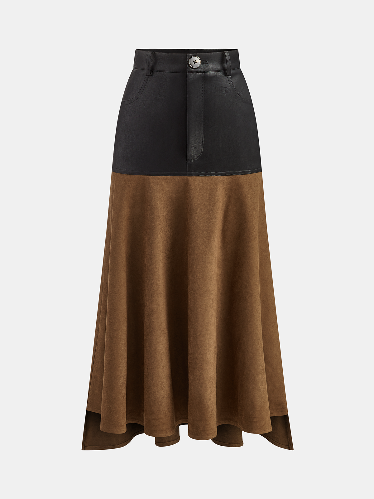 Jupe mi-longue effet daim avec empiècement en faux cuir