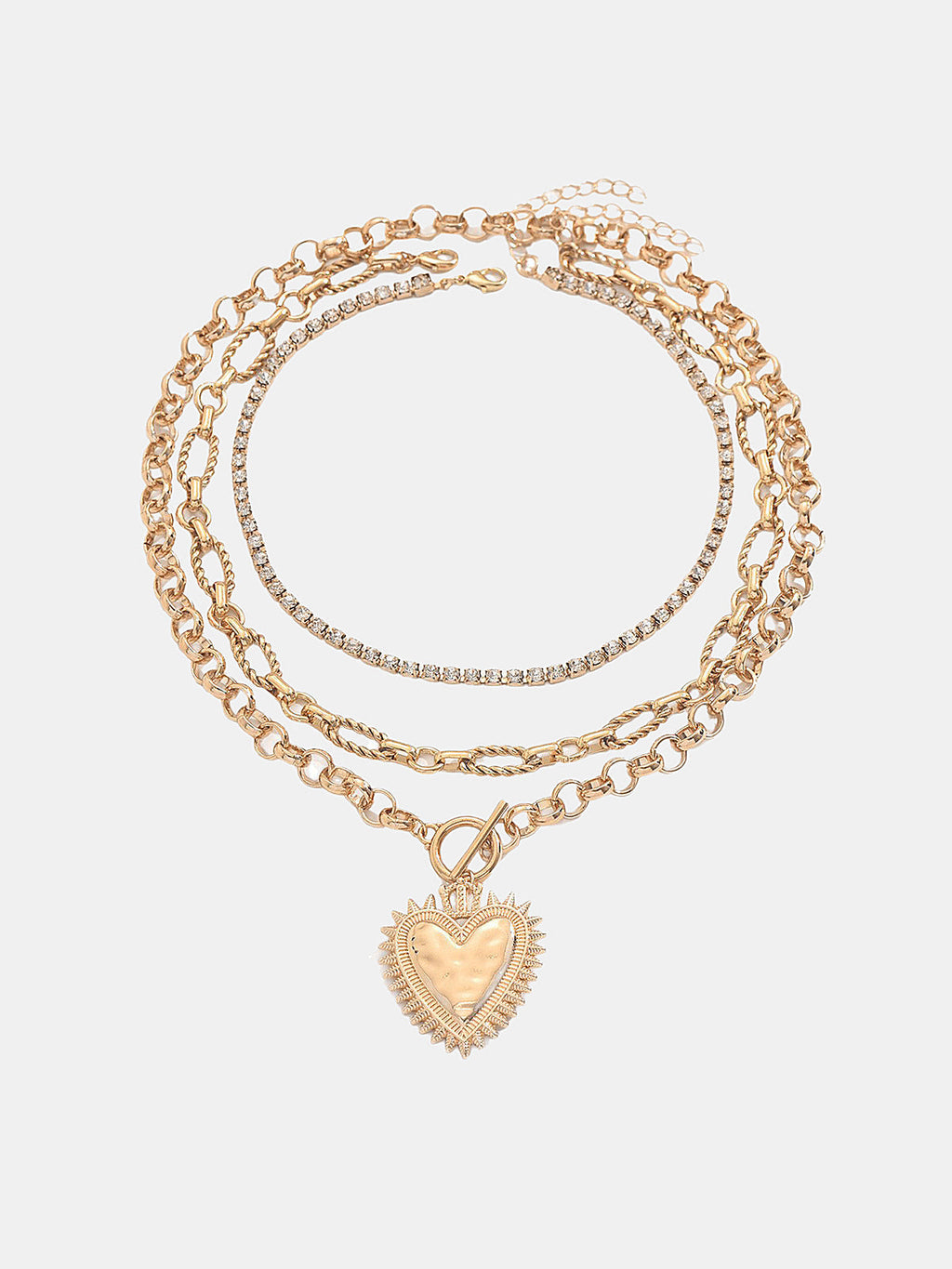 Layered Chain Heart Rhinestone Necklace