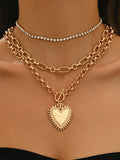 Layered Chain Heart Rhinestone Necklace
