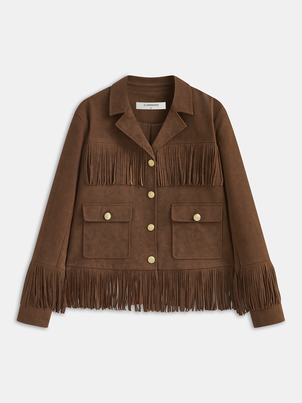 Fringe Button-Front Collared Suede Effect Jacket
