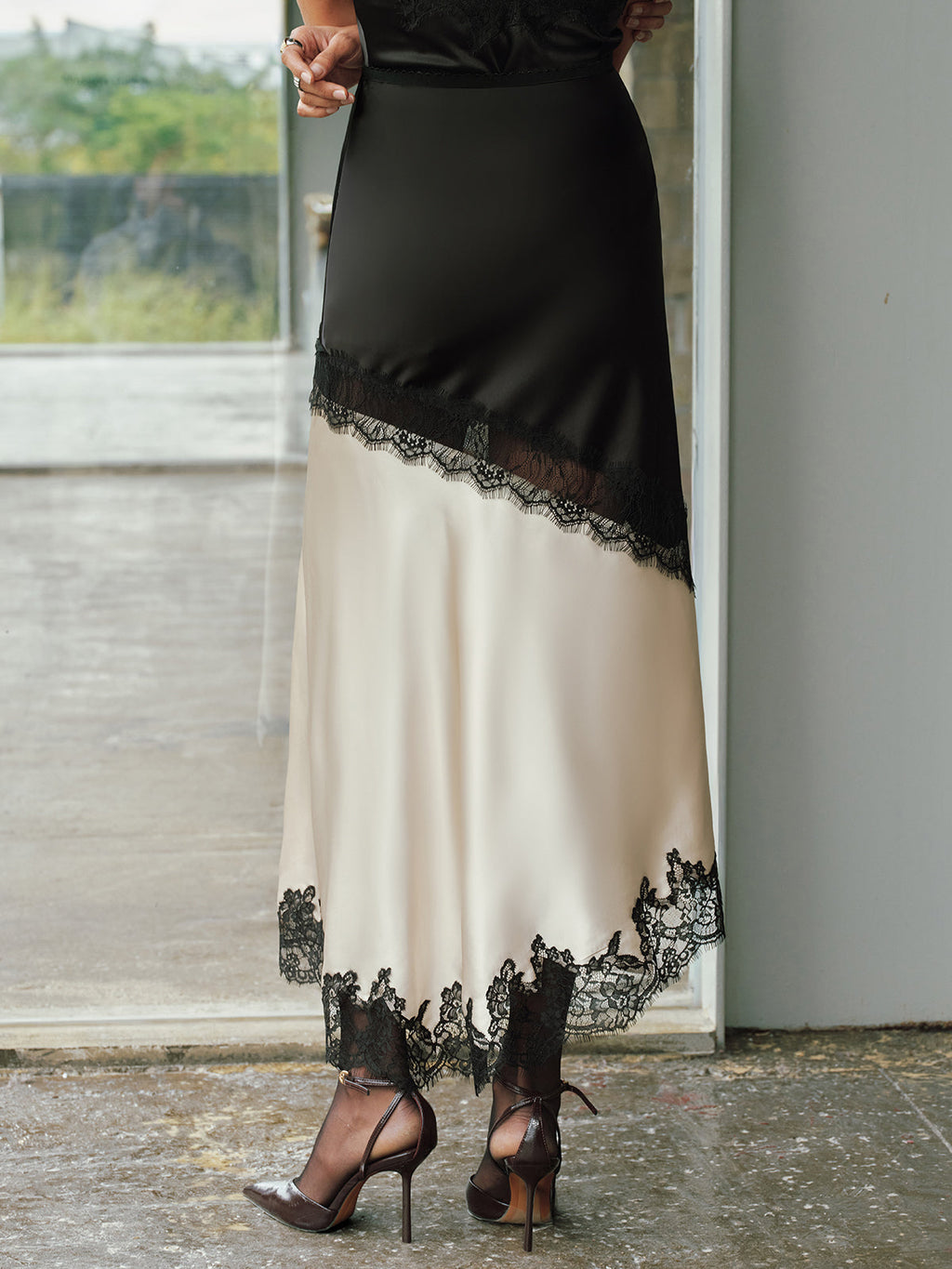 Lace Trim Asymmetric Two-Tone Satin Slip Skirt