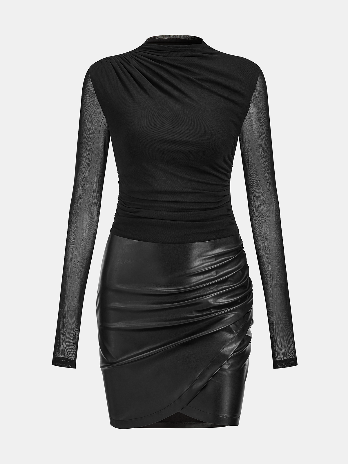 Minikleid aus Kunstleder mit gerafftem Mesh-Einsatz