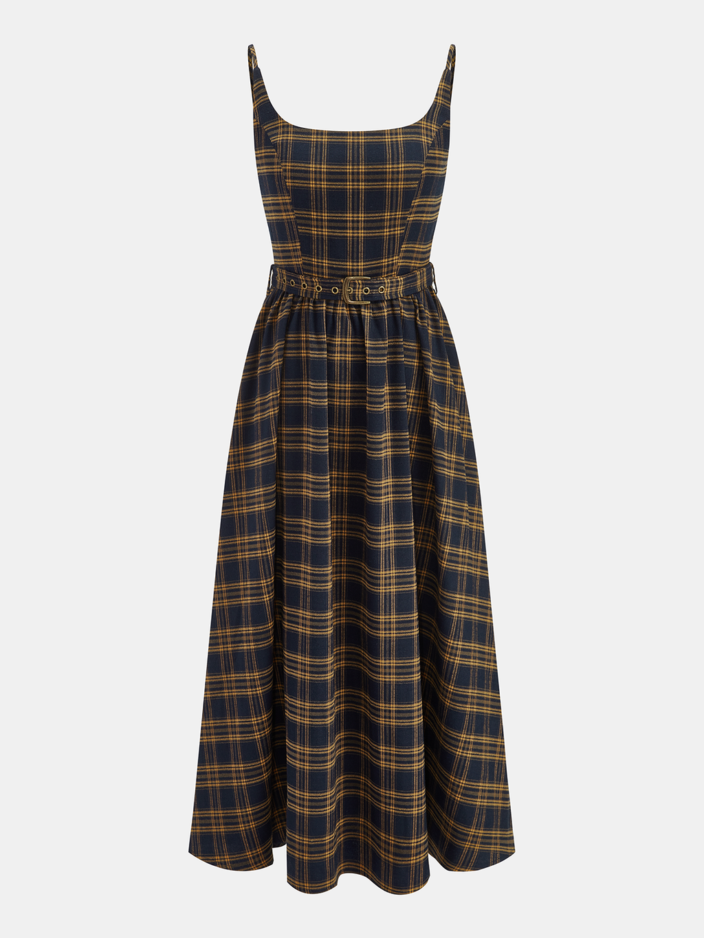 Plaid Smocked Bodice Belted Midi Dress