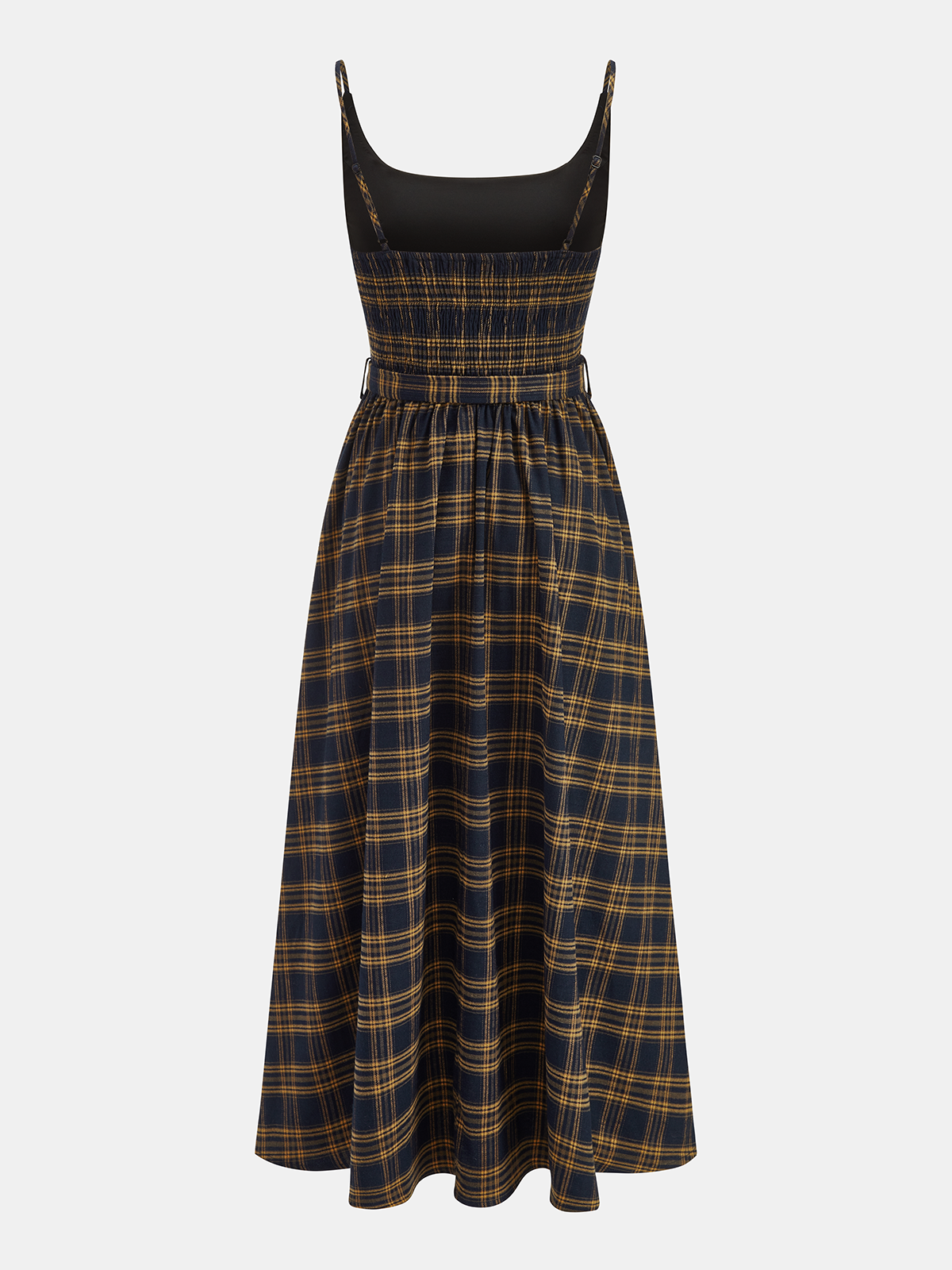 Kariertes Midikleid mit gesmoktem Oberteil und Gürtel