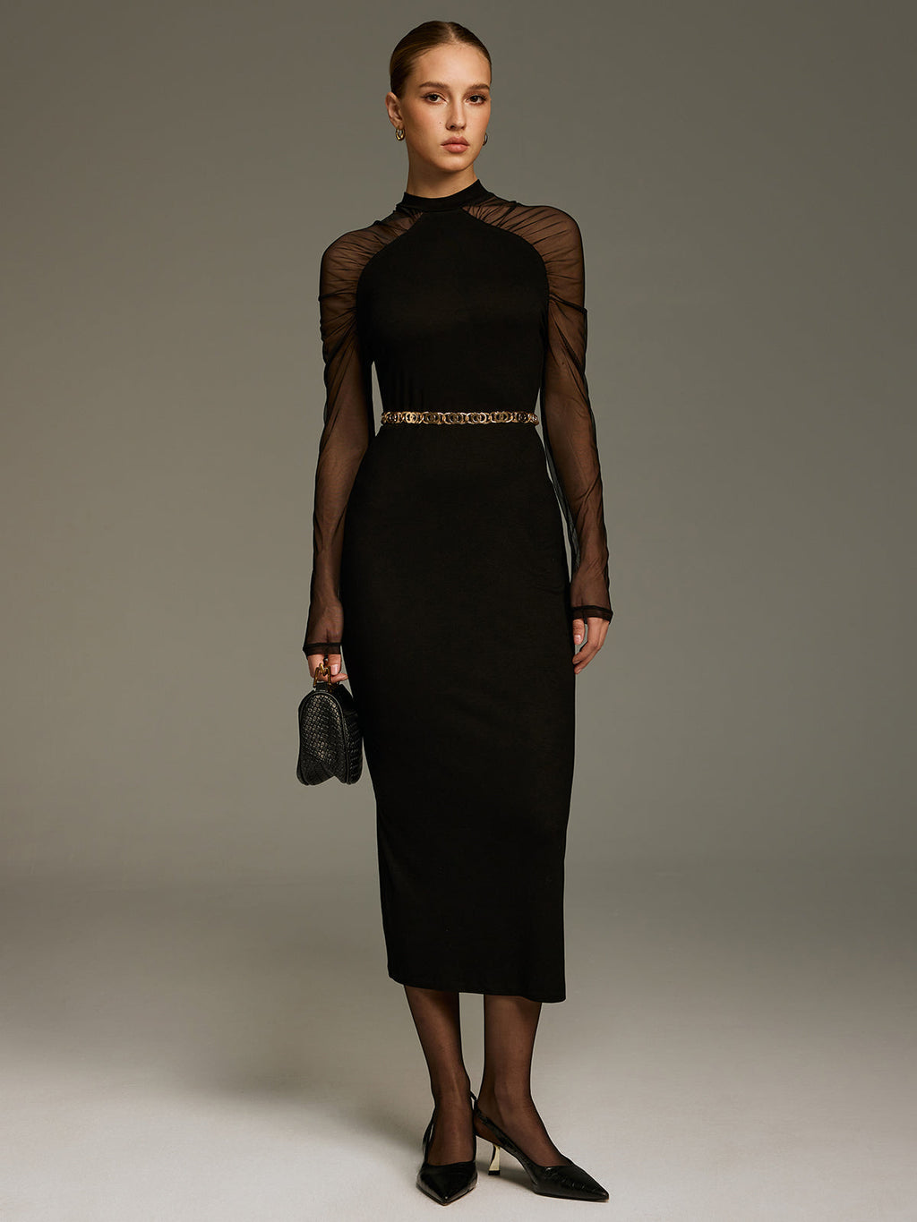 Maxikleid aus Strick mit Mesh-Ärmeln, ohne Kette