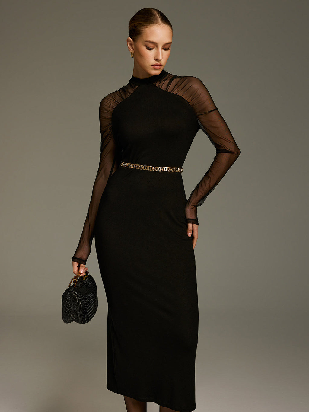 Maxikleid aus Strick mit Mesh-Ärmeln, ohne Kette