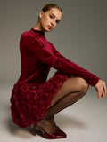 Velvet 3D Rose Ruffle Mini Dress