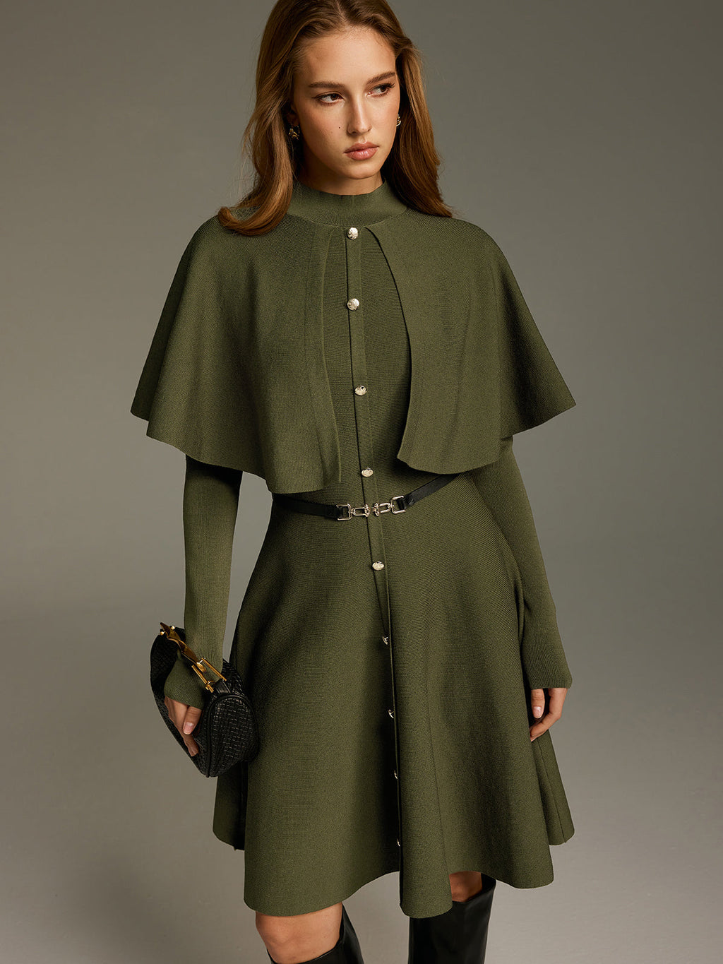 Capelet-Style Button-Front Belted Midi Dress