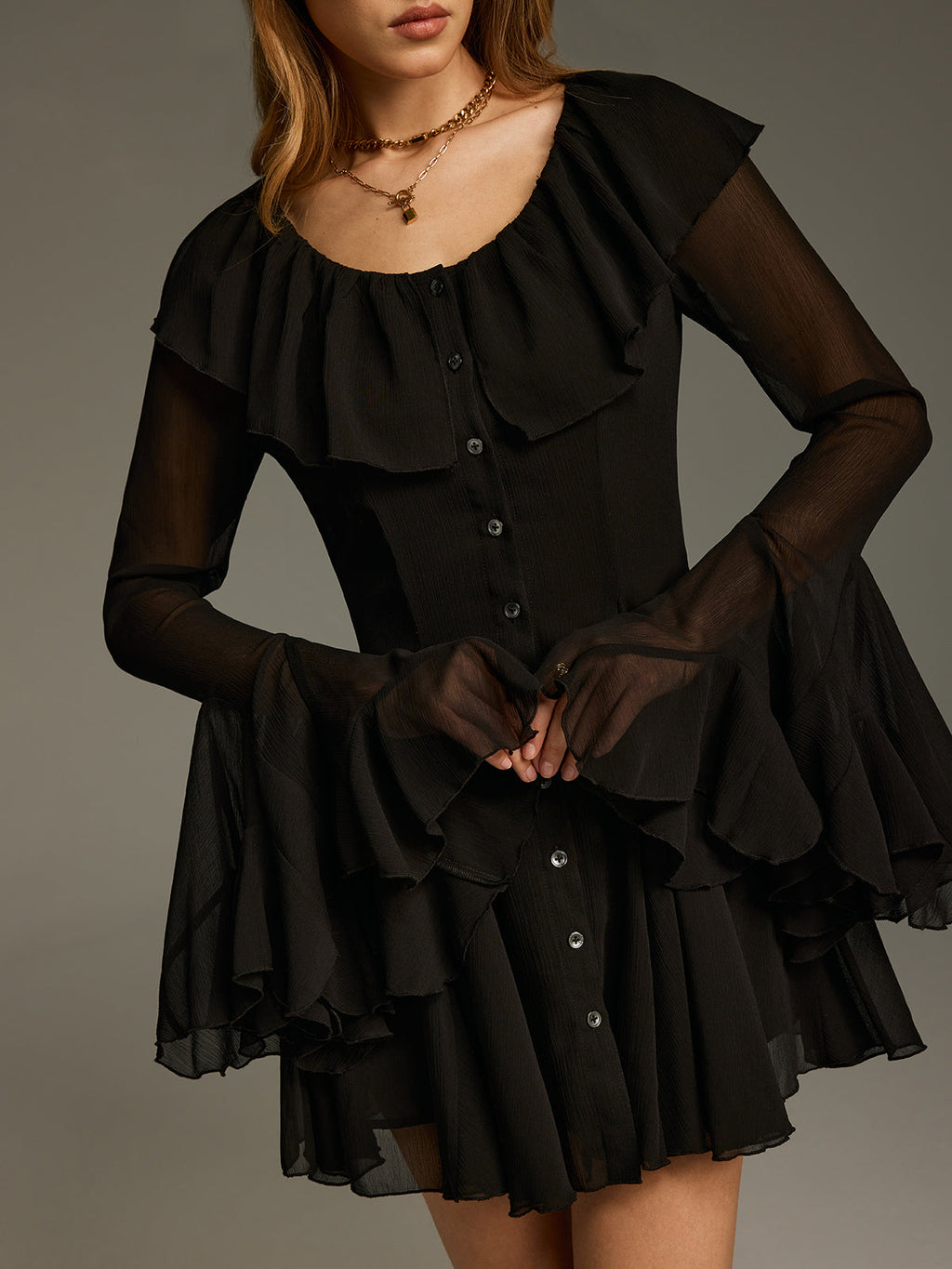 Chiffon Ruffled Bell-Sleeve Mini Dress