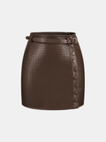 Belted Woven Faux Leather Mini Skirt