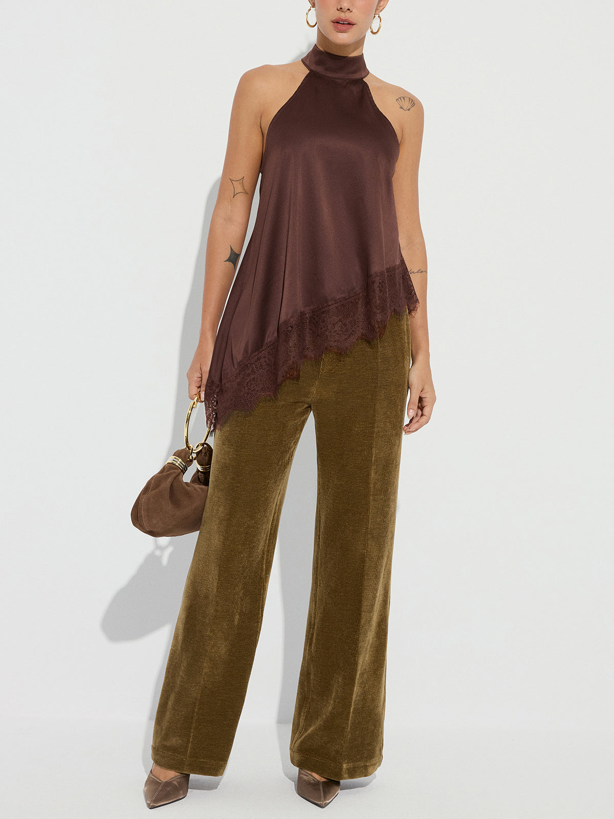 Asymmetric Lace Hem Satin Halter Top