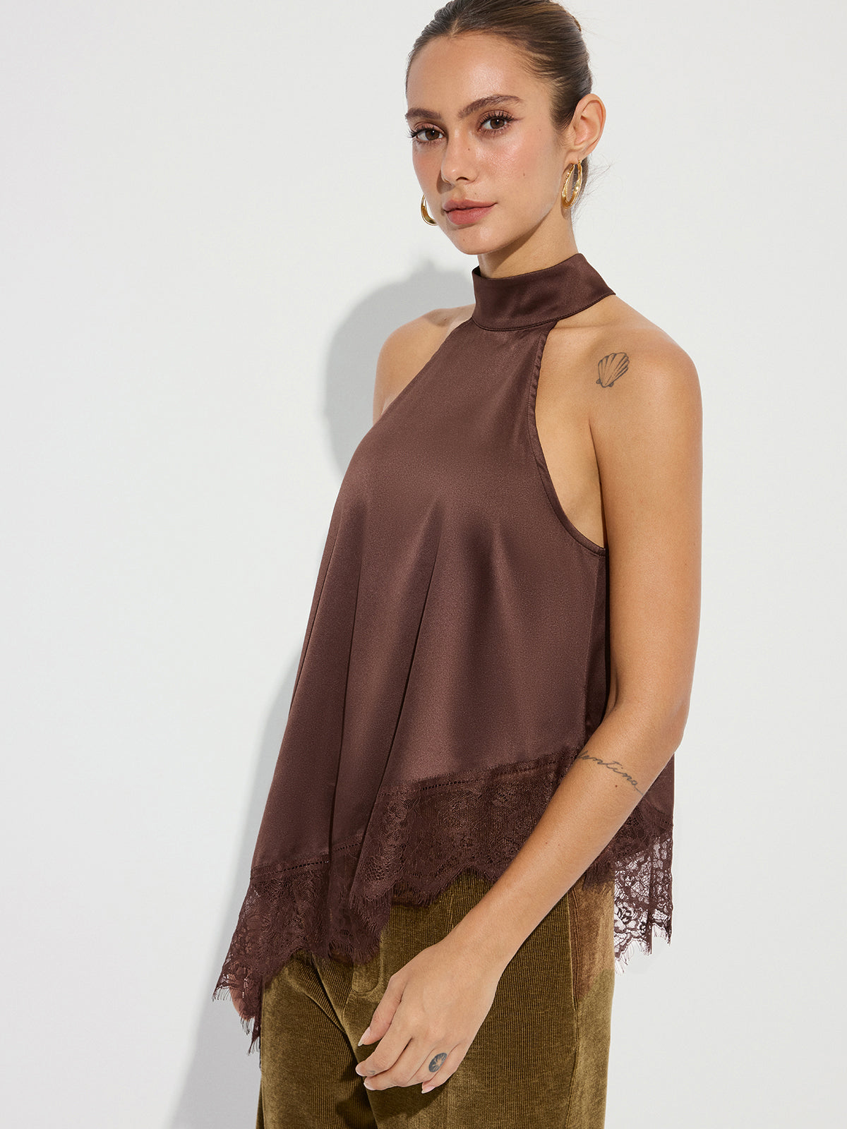 Asymmetric Lace Hem Satin Halter Top