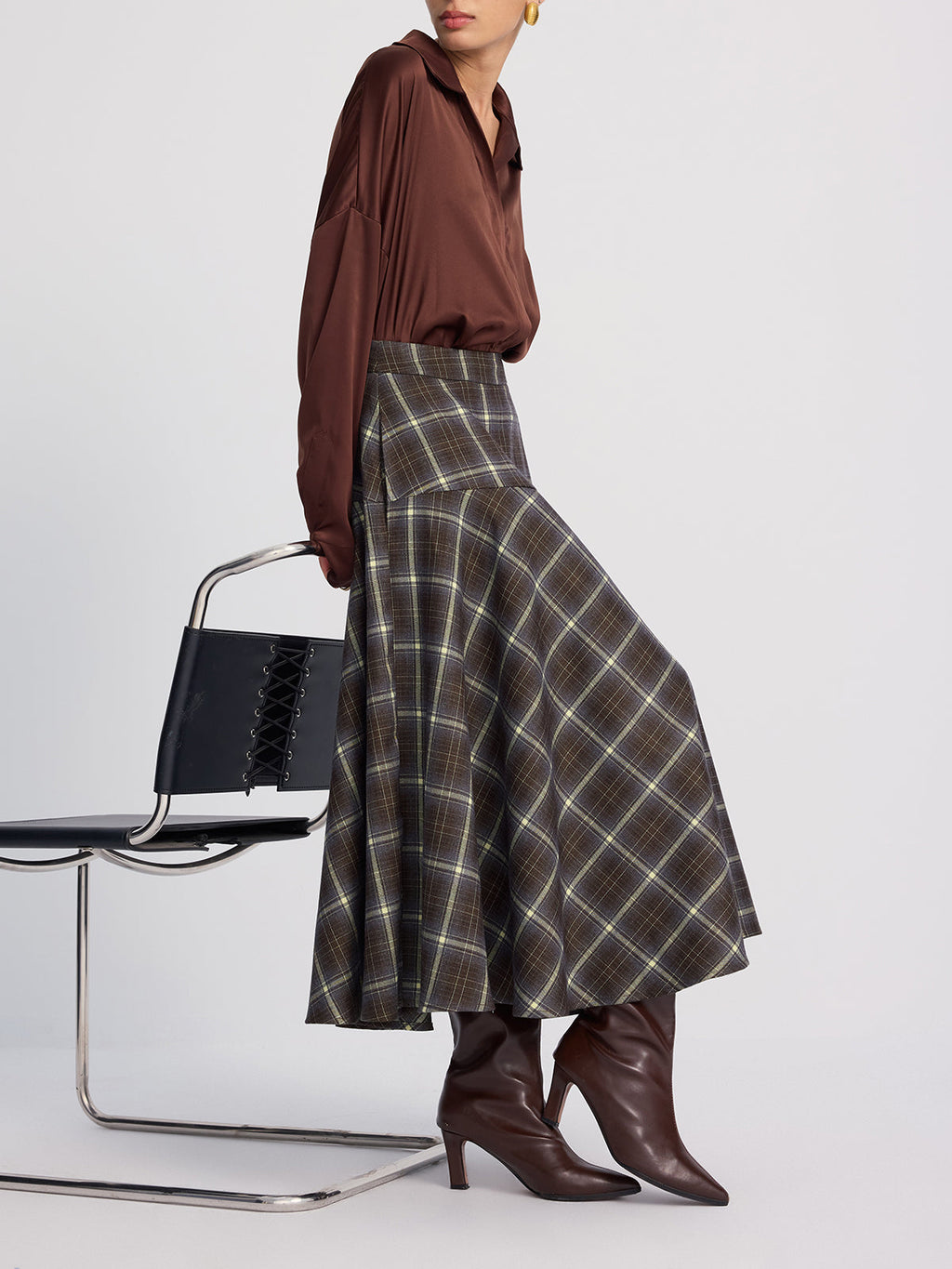 Jupe midi écossaise asymétrique taille haute