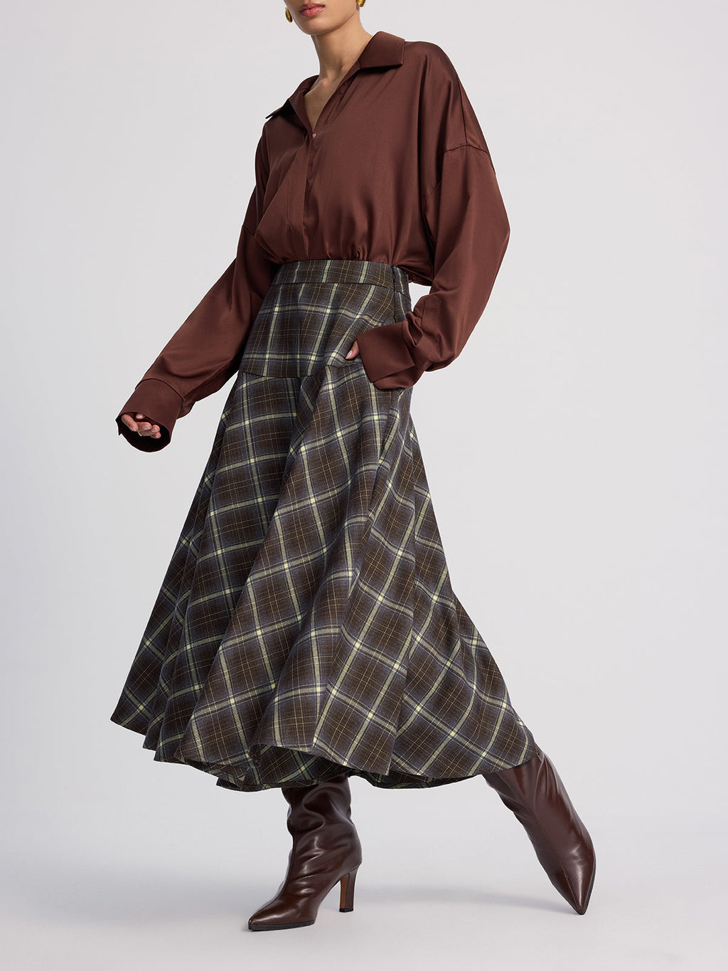 Jupe midi écossaise asymétrique taille haute