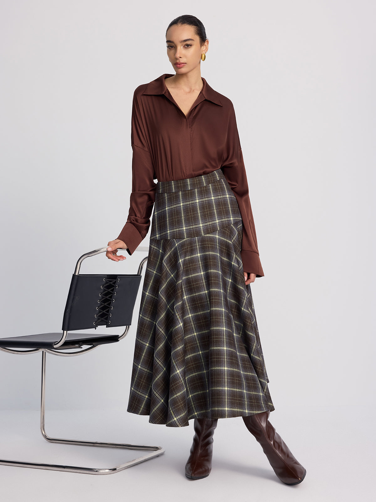 Jupe midi écossaise asymétrique taille haute