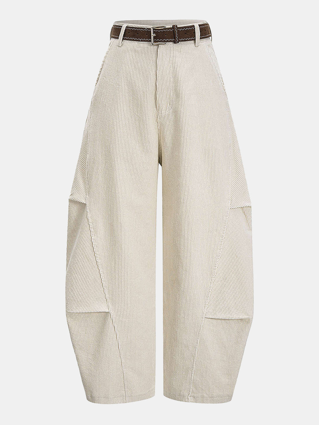 Belted Corduroy Curved Wide-Leg Pants