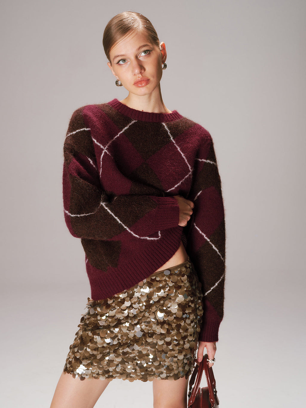Pull en maille mélangée de laine jacquard argyle à col rond