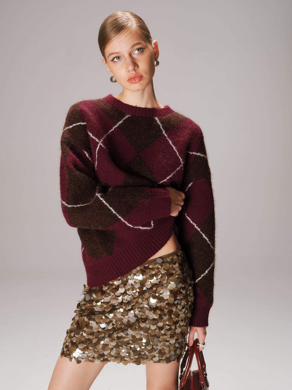 Pull en maille mélangée de laine jacquard argyle à col rond