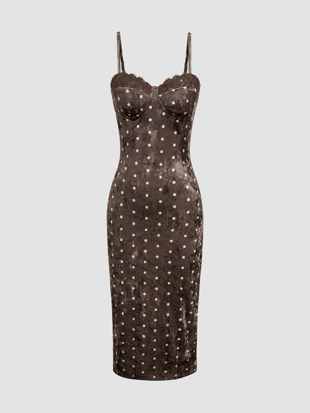 Robe mi-longue en velours à pois avec dentelle