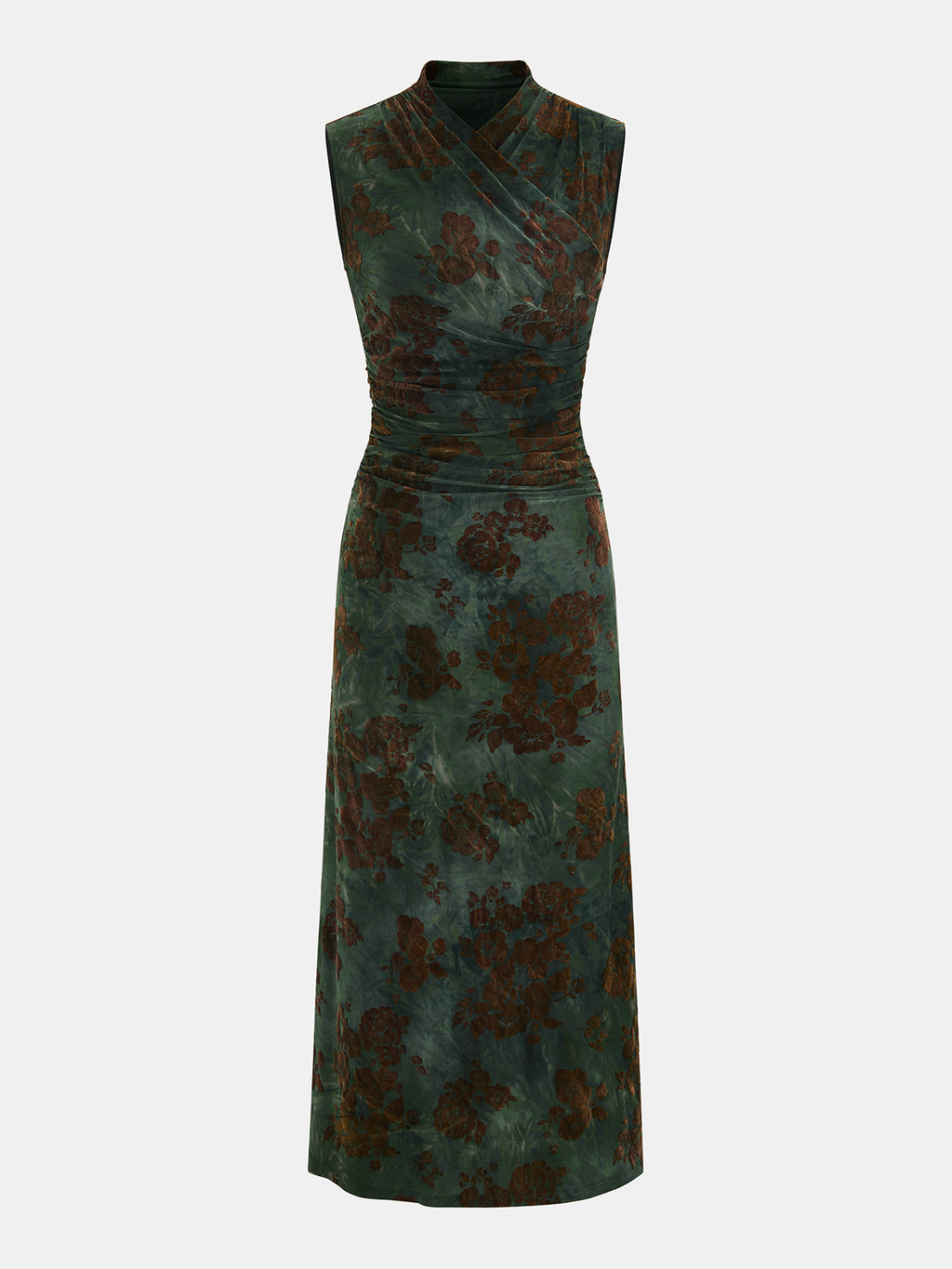 Beflocktes Maxikleid mit Blumenmuster, gerafftem Oberteil und ärmellosem Design
