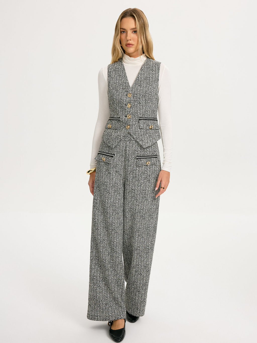Pantalon large en tweed avec détails métalliques