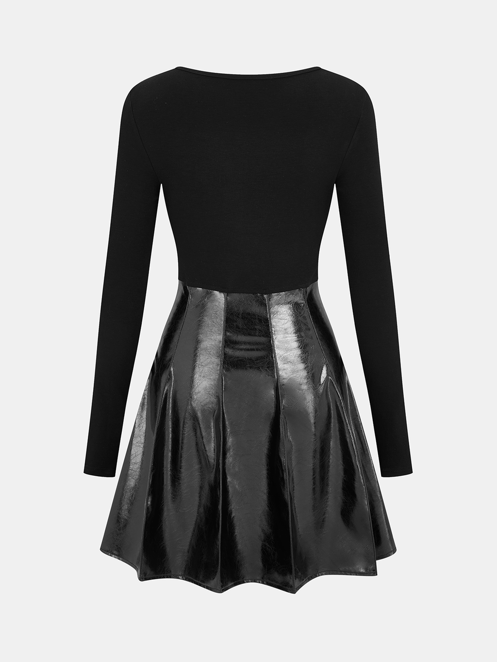 Plissiertes Langarmkleid mit Kunstlederdetails