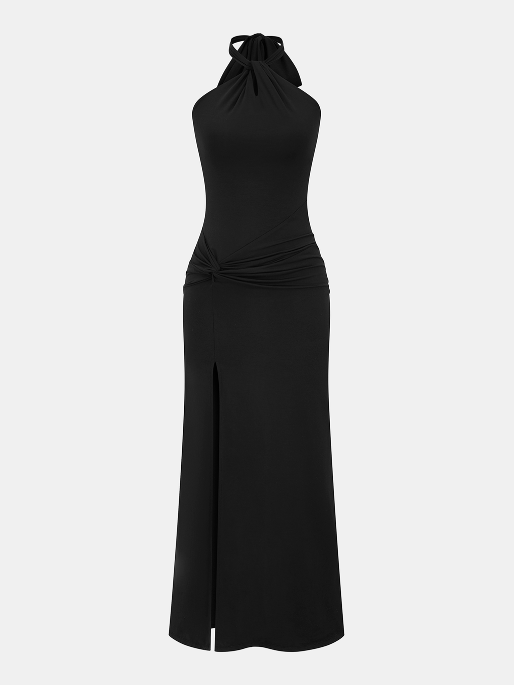 Halter Neck Twisted Ruched Slit Maxi Dress