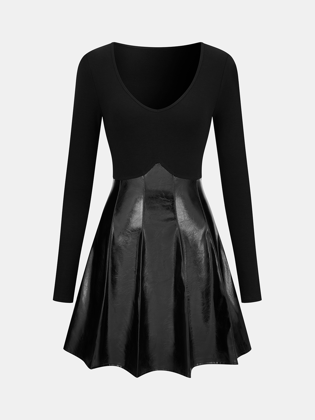 Robe à manches longues plissée et empiècements en similicuir